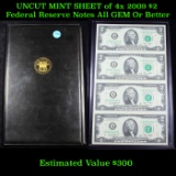UNCUT MINT SHEET of 4x 2009 $2 Federal Reserve Notes All GEM Or Better