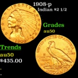 1908-p Gold Indian Quarter Eagle $2 1/2 Grades AU, Almost Unc