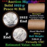 ***Auction Highlight*** AU/BU Slider Northern Nevada Shotgun Solid Date Peace $1 Roll 1922-p Virtual