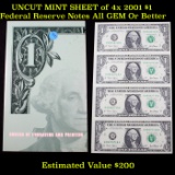 UNCUT MINT SHEET of 4x 2001 $1 Federal Reserve Notes All GEM Or Better