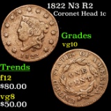 1822 N3 R2 Coronet Head Large Cent 1c Grades vg+