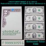 UNCUT MINT SHEET of 4x 1995 $2 Federal Reserve Notes All GEM Or Better 999 Serial #'s