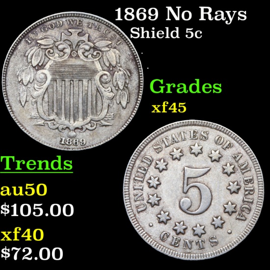 1869 No Rays Shield Nickel 5c Grades xf+