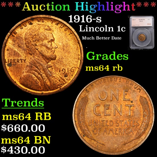 ***Auction Highlight*** 1916-s Lincoln Cent 1c Graded ms64 rb By SEGS (fc)