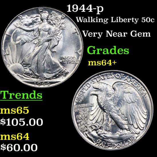 1944-p Walking Liberty Half Dollar 50c Grades Choice+ Unc