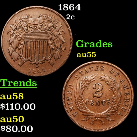 1864 Two Cent Piece 2c Grades Choice AU