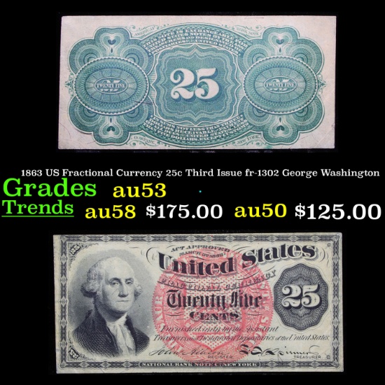 1863 US Fractional Currency 25c Third Issue fr-1302 George Washington Grades Select AU