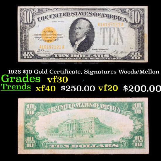 1928 $10 Gold Certificate, Signatures Woods/Mellon Grades vf++