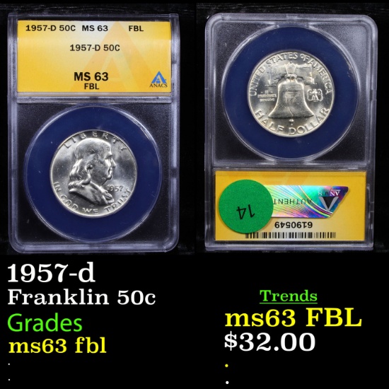 ANACS 1957-d Franklin Half Dollar 50c Graded ms63 fbl By ANACS