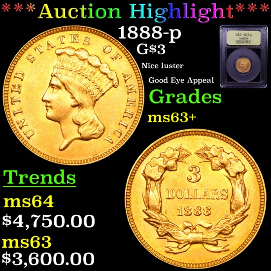 ***Auction Highlight*** 1888-p Three Dollar Gold 3 Graded Select+ Unc By USCG (fc)