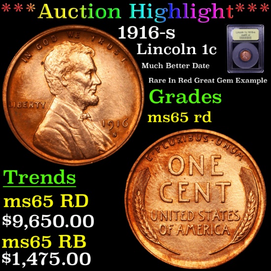 ***Auction Highlight*** 1916-s Lincoln Cent 1c Graded GEM Unc RD By USCG (fc)