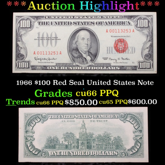 ***Auction Highlight*** 1966 $100 Red Seal United States Note Grades gem+ CU PPQ (fc)