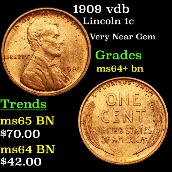 1909 vdb Lincoln Cent 1c Grades Choice+ Unc BN