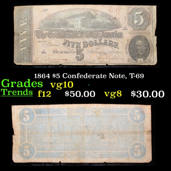 1864 $5 Confederate Note, T-69 Grades vg+