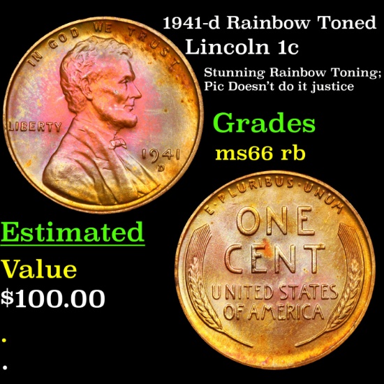 1941-d Rainbow Toned Lincoln Cent 1c Grades GEM+ Unc RB