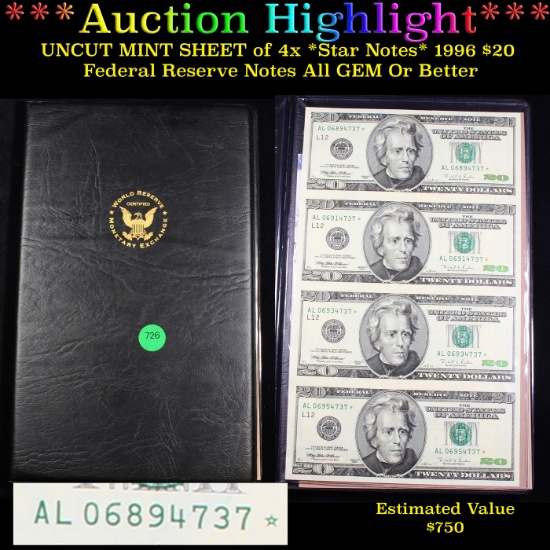 ***Auction Highlight*** UNCUT MINT SHEET of 4x *Star Notes* 1996 $20 Federal Reserve Notes All GEM O
