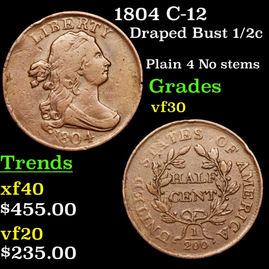 1804 C-12 Draped Bust Half Cent 1/2c Grades vf++