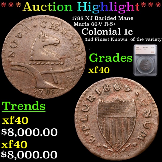 ***Auction Highlight*** 1788 NJ Barided Mane Maris 66-V R-5+ Colonial Cent 1c Graded xf40 By SEGS (f