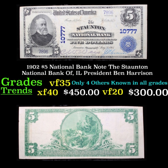 1902 $5 National Bank Note The Staunton National Bank Of, IL President Ben Harrison Grades vf++