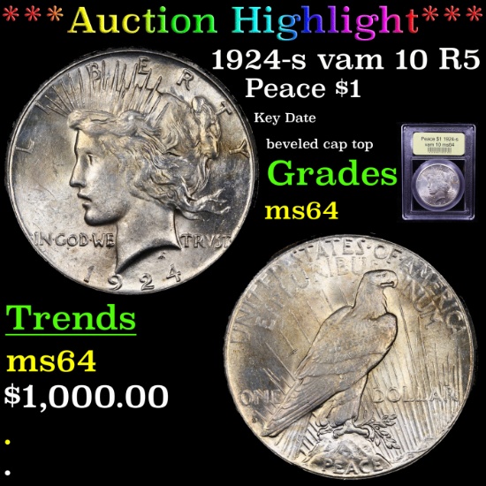 ***Auction Highlight*** 1924-s vam 10 R5 Peace Dollar $1 Graded Choice Unc By USCG (fc)