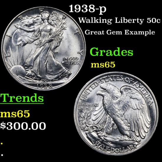 1938-p Walking Liberty Half Dollar 50c Grades GEM Unc