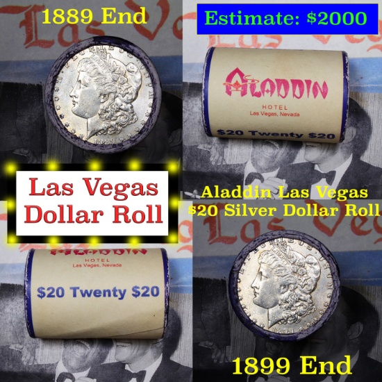 ***Auction Highlight*** Full Morgan/Peace Las Vegas Aladdin silver $1 roll $20, 1889 & 1899 end (fc)