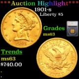 ***Auction Highlight*** 1901-s Gold Liberty Half Eagle $5 Graded ms63 By SEGS (fc)