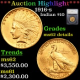 ***Auction Highlight*** 1916-s Gold Indian Eagle $10 Graded ms62 details By SEGS (fc)