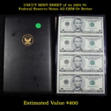 UNCUT MINT SHEET of 4x 2001 $5 Federal Reserve Notes All GEM Or Better