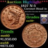 ***Auction Highlight*** 1827 N-5 Coronet Head Large Cent 1c Graded Choice AU/BU Slider+ By USCG (fc)