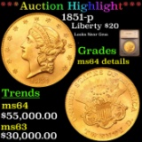 ***Auction Highlight*** 1851-p Gold Liberty Double Eagle $20 Graded ms64 details By SEGS (fc)