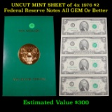 UNCUT MINT SHEET of 4x 1976 $2 Federal Reserve Notes All GEM Or Better