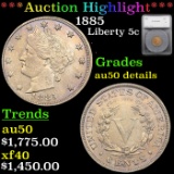 ***Auction Highlight*** 1885 Liberty Nickel 5c Graded au50 details By SEGS (fc)