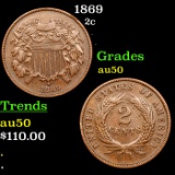 1869 Two Cent Piece 2c Grades AU, Almost Unc