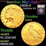 ***Auction Highlight*** 1909-d Gold Indian Half Eagle $5 Graded Select Unc By USCG (fc)