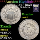 ***Auction Highlight*** 1867 Rays Shield Nickel 5c Graded Select Unc By USCG (fc)