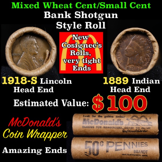 Mixed small cents 1c orig shotgun roll, 1918-s Wheat Cent, 1889 Indian cent other end, McDonald's Wr