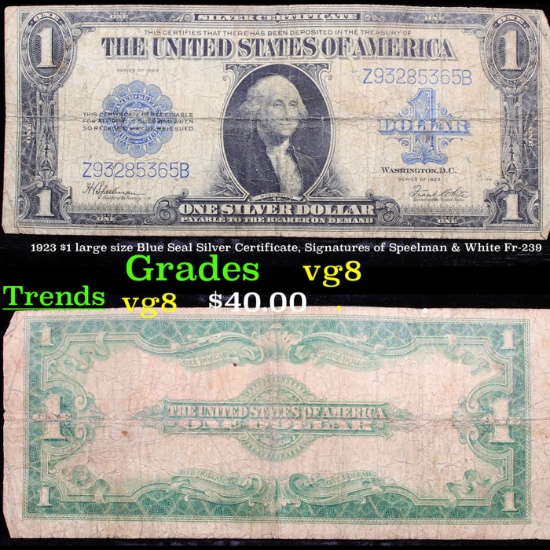 1923 $1 large size Blue Seal Silver Certificate, Signatures of Speelman & White Fr-239 Grades vg, ve