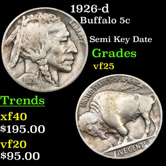 1926-d Buffalo Nickel 5c Grades vf+