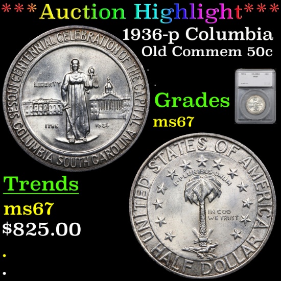 ***Auction Highlight*** 1936-p Columbia Old Commem Half Dollar 50c Graded ms67 By SEGS (fc)