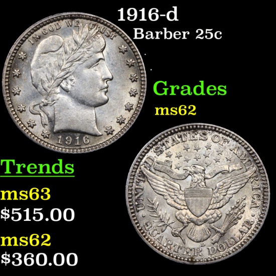1916-d Barber Quarter 25c Grades Select Unc