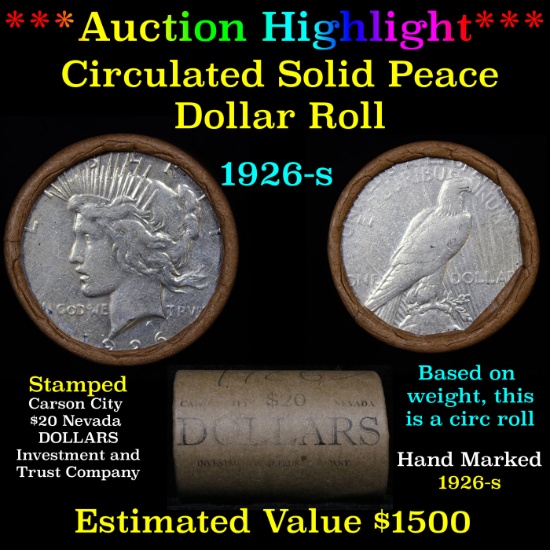 ***Auction Highlight*** Full solid Date 1926-s Peace silver dollar roll, 20 coin (fc)