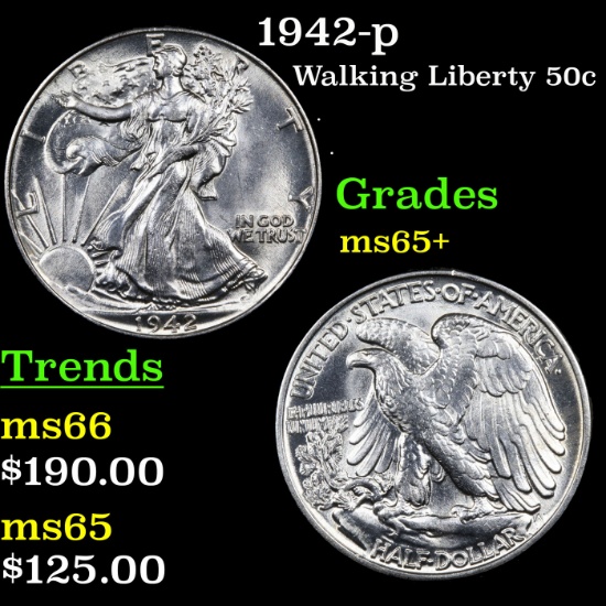 1942-p Walking Liberty Half Dollar 50c Grades GEM+ Unc