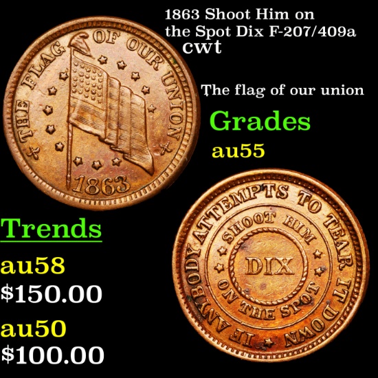 1863 Shoot Him on the Spot Dix F-207/409a Civil War Token 1c Grades Choice AU