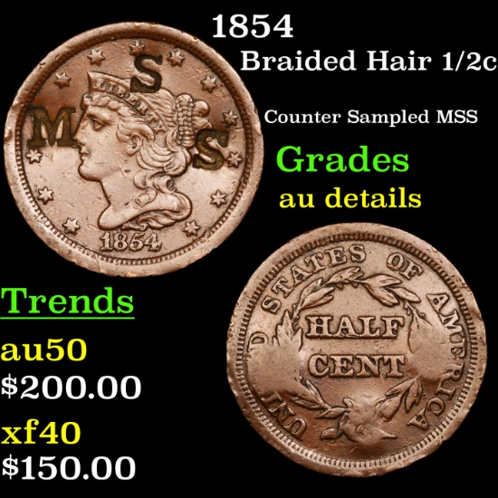 1854 Braided Hair Half Cent 1/2c Grades AU Details