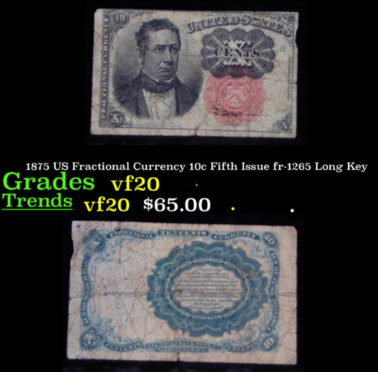 1875 US Fractional Currency 10c Fifth Issue fr-1265 Long Key Grades vf, very fine