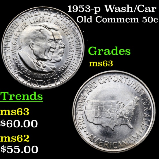 1953-p Wash/Car Old Commem Half Dollar 50c Grades Select Unc