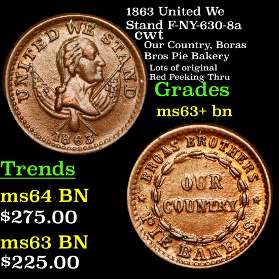 1863 United We Stand F-NY-630-8a Civil War Token 1c Grades Select+ Unc BN
