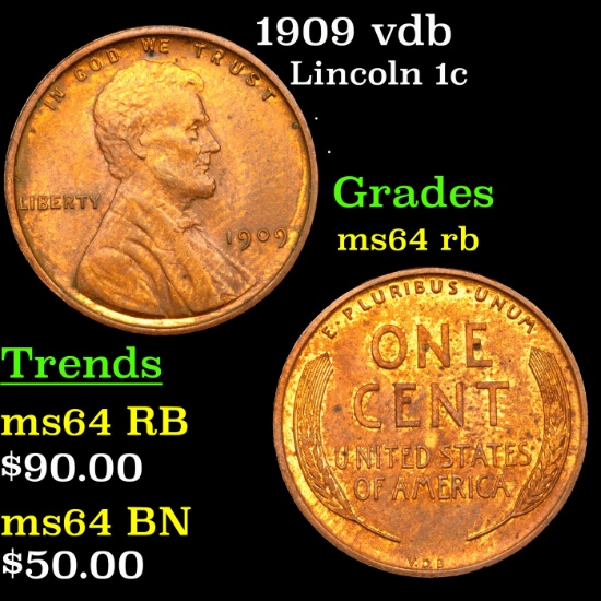 1909 vdb Lincoln Cent 1c Grades Choice Unc RB
