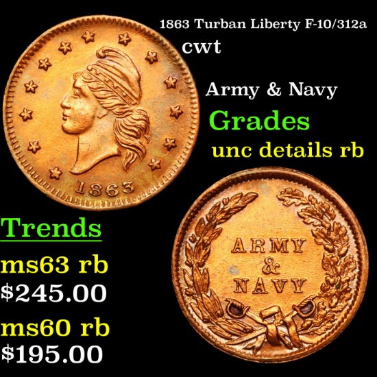 1863 Turban Liberty F-10/312a Civil War Token 1c Grades unc details RB